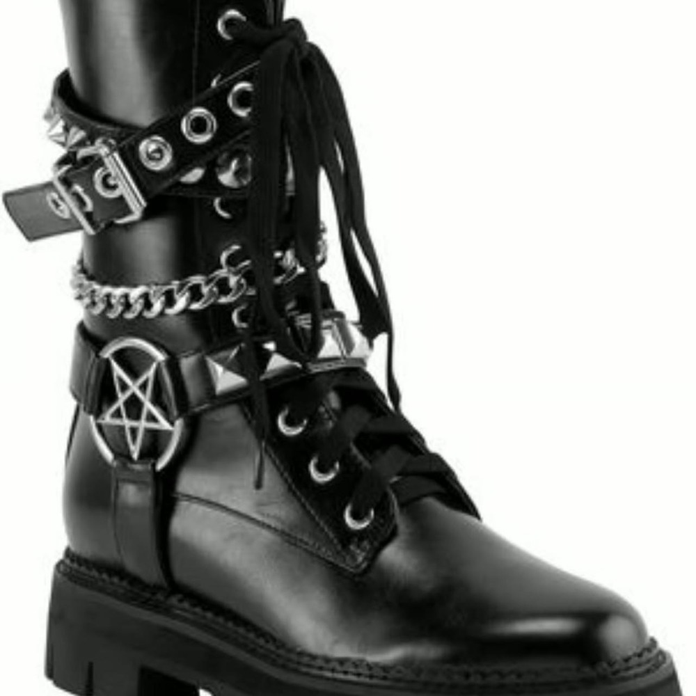 Killstar Black Pentagram Studded Chain Platform Combat Boots Goth Punk Lug Sole